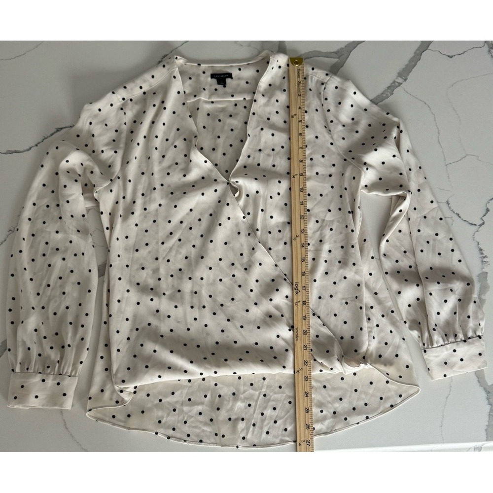 Ann Taylor Polka Dot Wrap Blouse Cream Black Long Sleeve V-Neck Medium - Picture 5 of 6